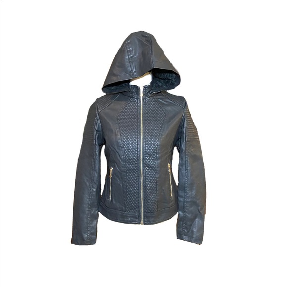 NWT Women’s Hooded Faux Leather Jacket P/S Black - Picture 2 of 8